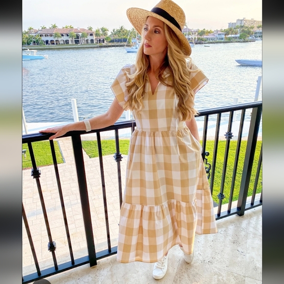 Who What Wear Plaid Midi Dress - Tan and White - Picture 2 of 5